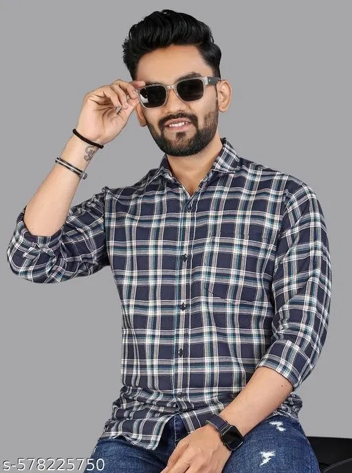 Polycotton Checked Shirts for Men, Blue (L)