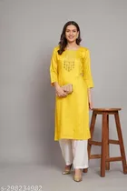 Cotton Embellished Kurti for Women (Yellow, M)