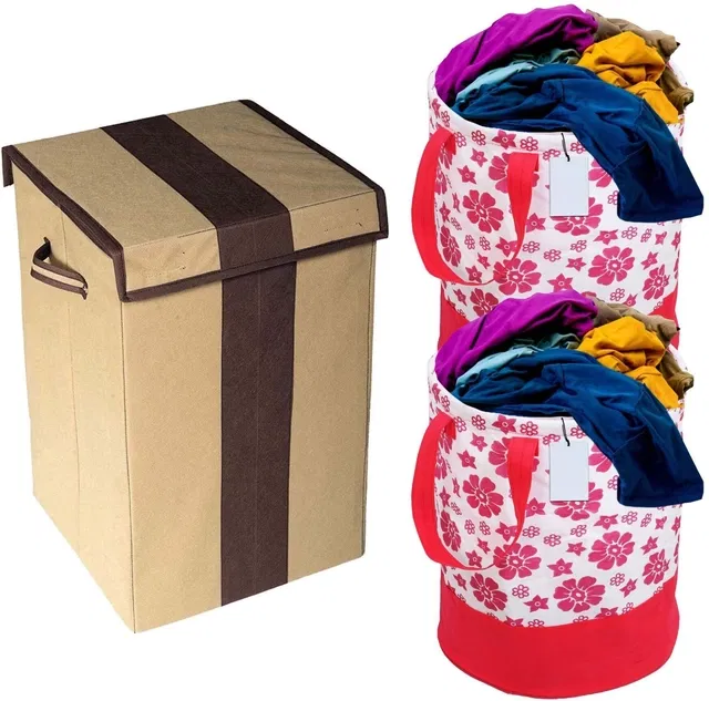 Canvas Laundry Basket,Brown & Pink, (Pack Of 3)