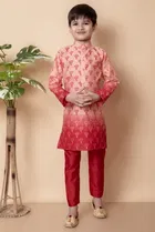 Dupion Silk Printed Kurta with Payjama for Boys, Peach & Red 