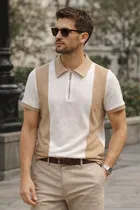 Color Blocked T-Shirt with a Zip Collar for Men ,Beige & Cream 