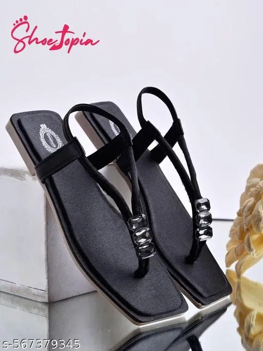 Shoetopia Girls Black Embellished Flat Sandals Size 8.0