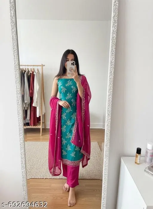 Embroidered Anarkali Party Suit for Women (Mint Green, Un Stitched)