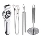 Stainless Steel Lemon Squeezer & Pakkad & Roti Chimta & Potato Masher For Kitchen (Set of 4) (OC-049)