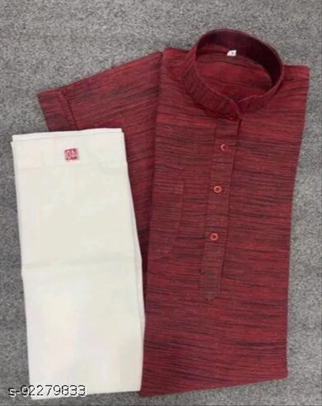 Khadi Cotton Solid Kurta with Pyjama for Men (Maroon & White, L)