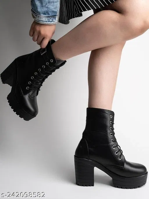Shoetopia Solid Synthetic Block Heel Boots Black (IND-3)