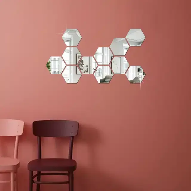 Acrylic Hexagon Shaped Wall Mirror Stickers (Silver, Pack of 11)