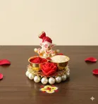 Metal Decorative Ganpati Haldi Kumkum Stand with 2 Roli Chawal Holder, Multicolor