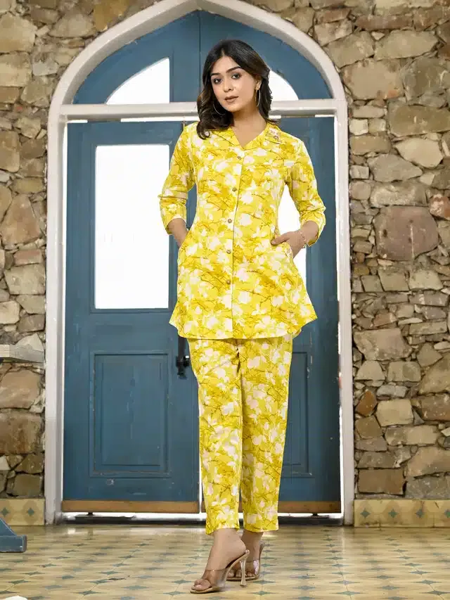 Cotton Printed Co-ord Set for Women (Yellow, M)