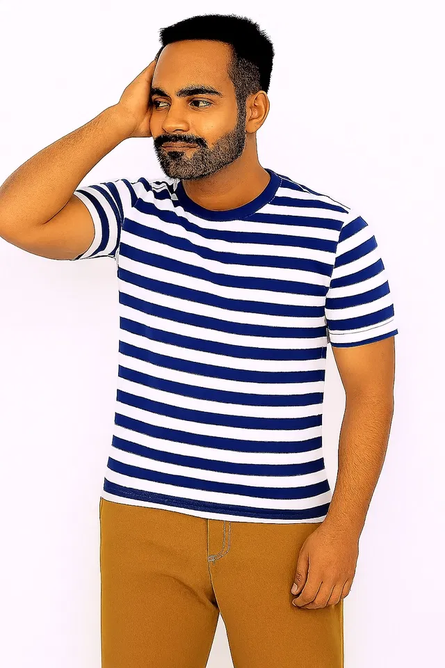 Cotton Stripes T-shirt for Men, Blue (XXL)