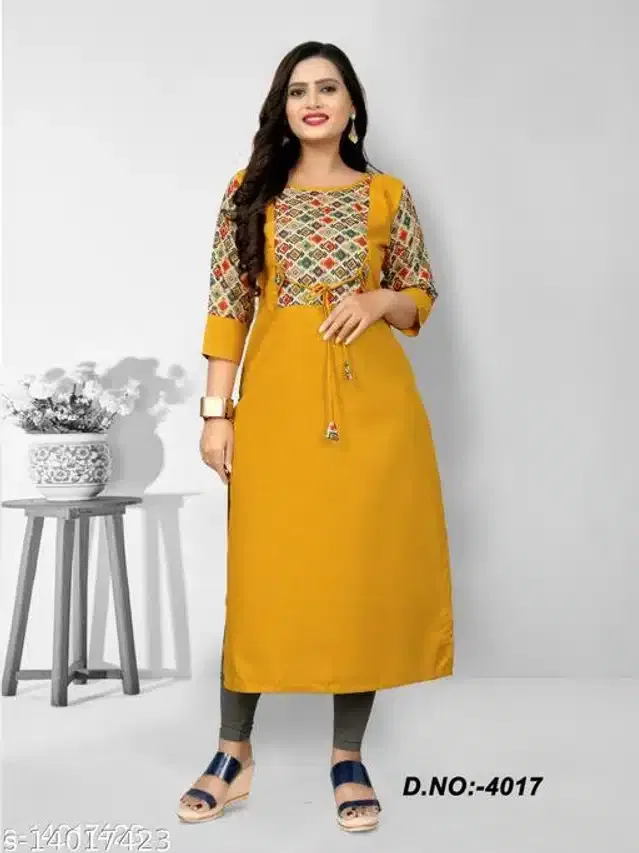 Cotton Blend Printed Kurti for Women (Mustard, M)