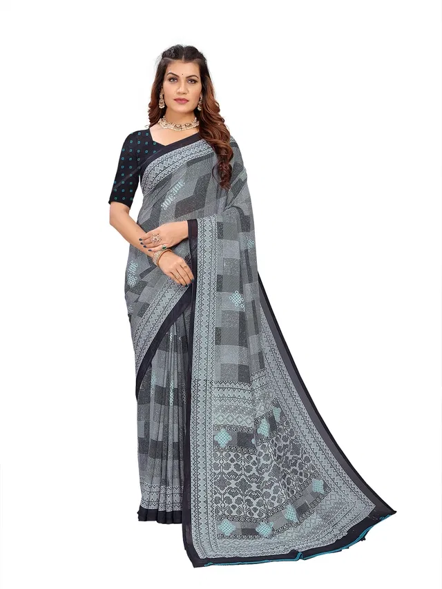 Georgette Printed Saree for Women (Grey, 6.3 m)