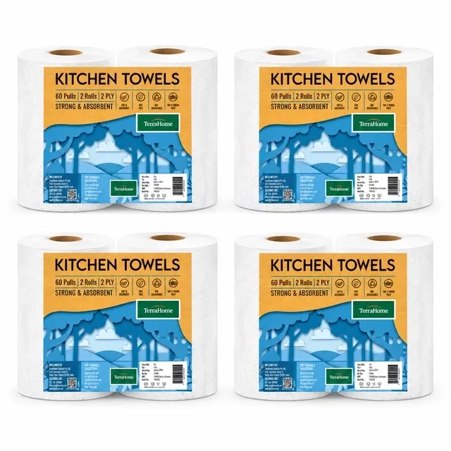 TerraHome 2 Ply Kitchen Towel Roll [8X60Pulls], 480 Pulls [Pack of 4]