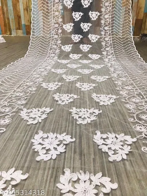 Botanical Sequinned Embroidered Net Dupatta for Women (White, Free Size)