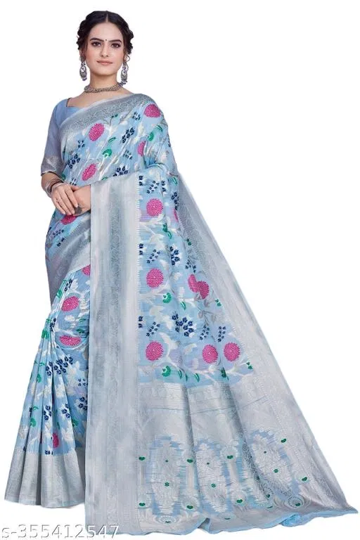 Cotton Linen Zari Woven Saree for Women (Sky Blue, 6.3 m)