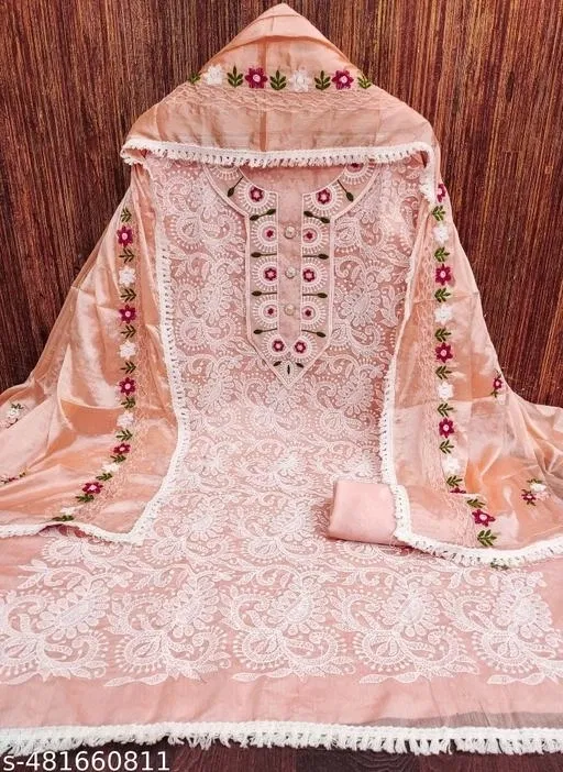 Chanderi Cotton Unstitched Suits for Women (Orange, Free Size)