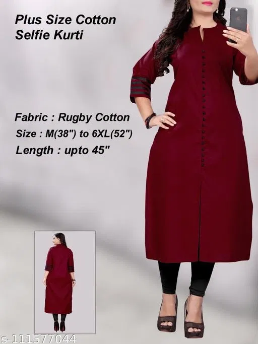Solid Cotton Blend Kurti for Women (Maroon, XXXL)