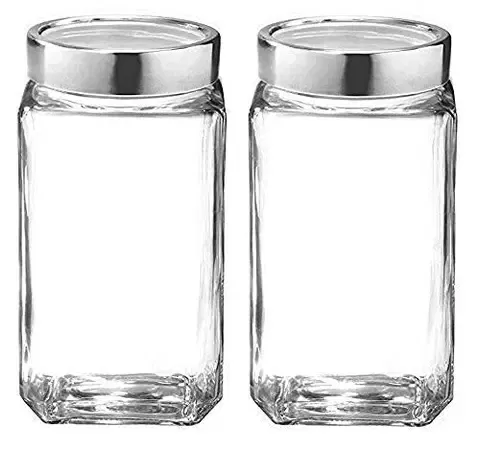 Afast Cube Glass Grocery Container Jar With Airtight Leakproof Attractive Steel Lid 1000ml, Pack Of 2