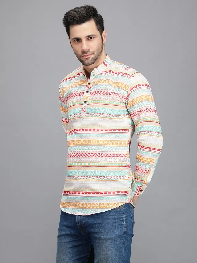 Cotton Blend Printed Kurta for Men (Peach, XXL)
