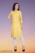 Polycotton Printed Kurti for Women, Yellow 
