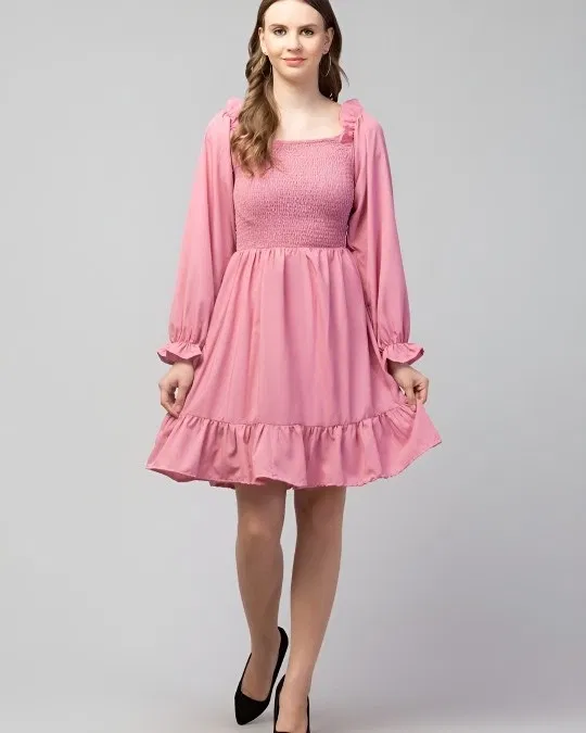 Crepe Dress for Women (Pink, S)