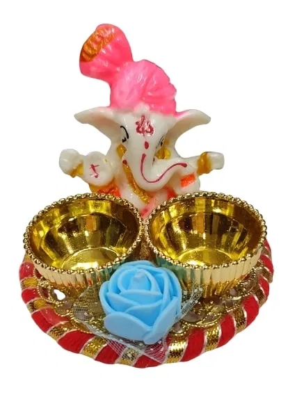 Metal Decorative Ganpati Haldi Kumkum Stand with 2 Roli Chawal Holder, Multicolor