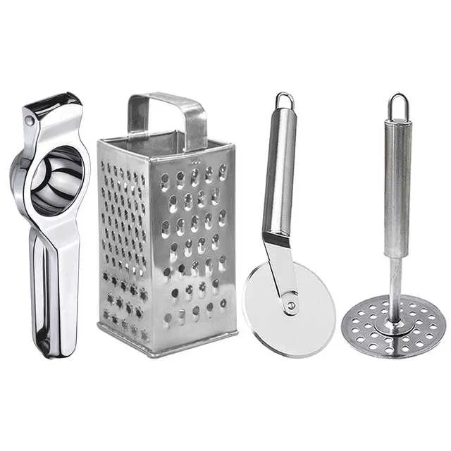 Oc9 Stainless Steel Lemon Squeezer & 4 in 1 Grater Or Slicer & Pizza Cutter & Potato Masher Kitchen Tool Set (O-149)