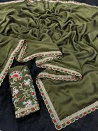 Crepe Solid Saree for Women, Olive 