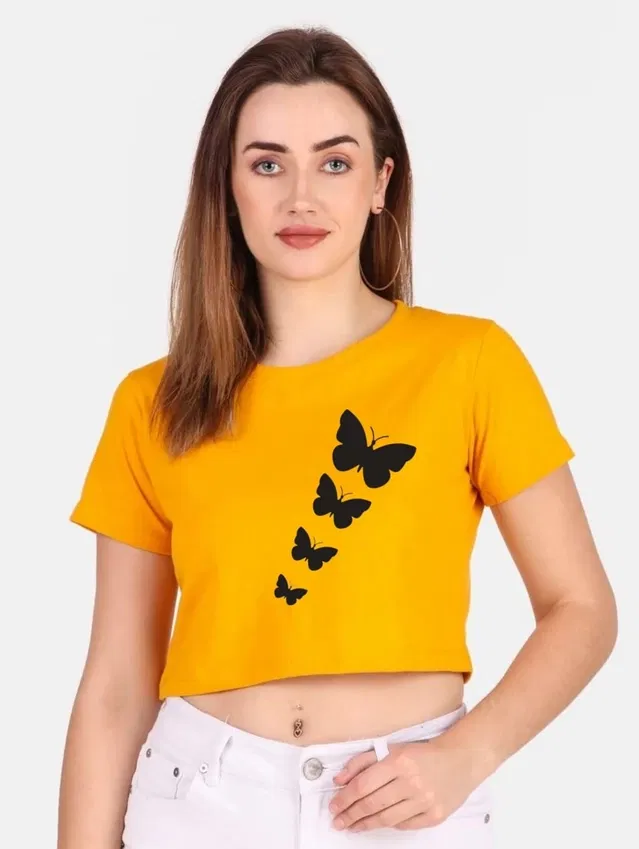 Round Neck Printed Crop Top for Women (Mustard, XL)