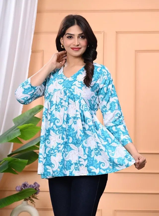 Rayon Printed Short Kurti for Women (Blue, XL)