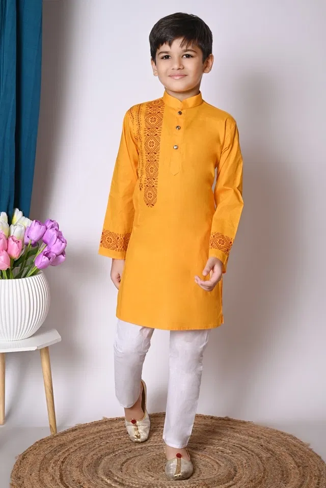 Cotton Printed Kurta with Payjama for Boys, Yellow & White (5-6 Years)