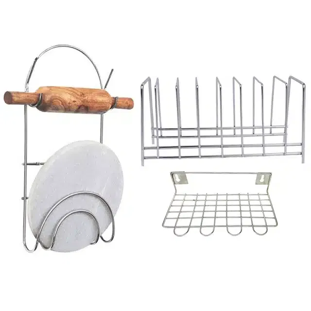 Stainless Steel Plate Stand & Utensil Holder with Chakla Belan Stand (Set of 3, Silver)