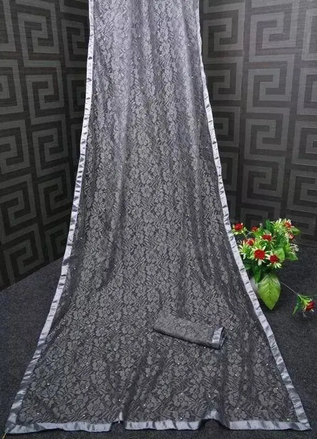 Net Solid Saree for Women (Grey, 6.3 m)