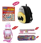 Combo of Kids Cartoon Bag Backpack, All In One Book, Water Bottle & Gift Set Geometry Set 