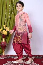 Dupion Silk Printed Kurta with Dhoti for Boys, Peach & Red 