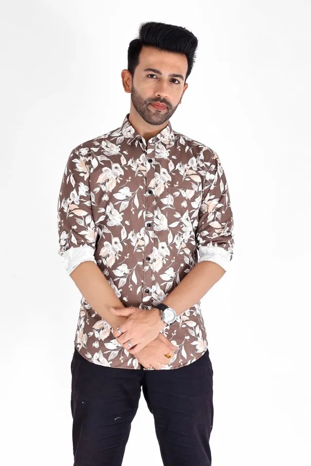 Cotton Blend Printed Shirt for Men, White & Brown (M)