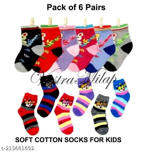 Cotton Socks for Kids (Multicolor, 11-12 Years) (Set of 6)