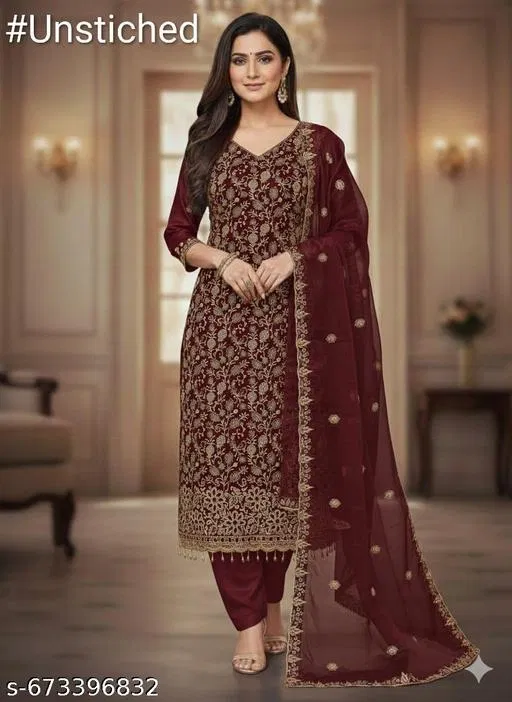 Embroidered Punjabi/All Over Suits for Women (Red, 5.85 meter (S)) (Multicolor, 6.05 meter (M)
