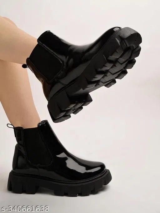 Shoetopia Solid Patent Leather Platform Heel Boots Black (IND-6)