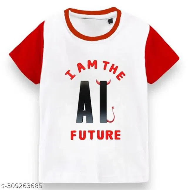 Round Neck T-Shirt for Boys & Girls (White & Red, Free Size)