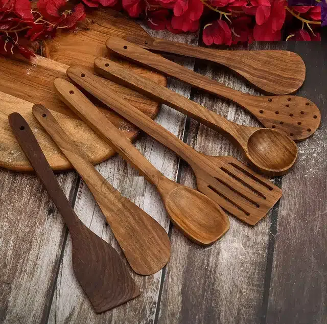 Serving and Cooking Spoon Spatula Set (Brown, Set of 7)