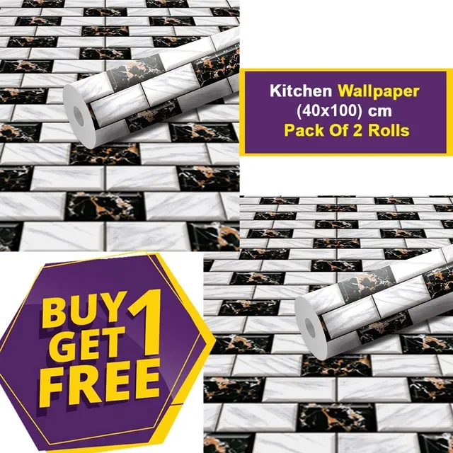 Vinyl Wallpaper for Kitchen Wall (Multicolor, 100x40 cm) (Pack of 2)