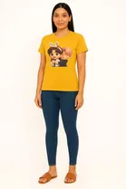 Cotton Blend Printed T-shirt for Women, Mustard 