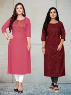 Solid Embroidered Cotton Kurti for Women, Pack of 2 