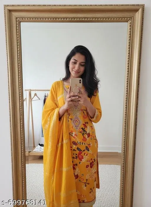 Bandhani Printed Jaipuri Designs Embroidered Top Bottom Duppata for Women (Yellow, Un Stitched)