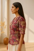 Women's Tropical Floral Print Mandarin Collar Top, M 