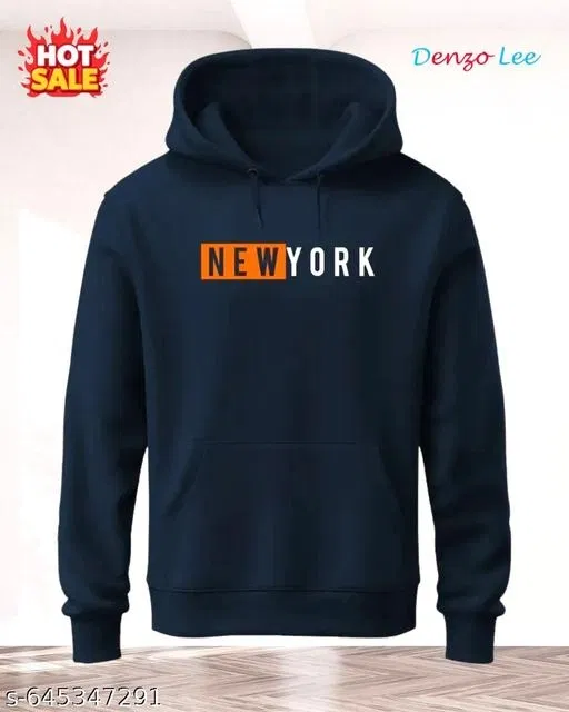Fleece Printed Hoodie for Men, Navy Blue (XL)