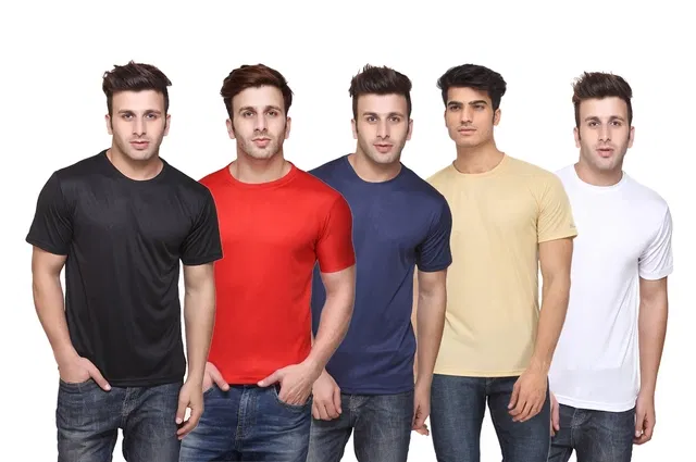 Round Neck Solid T-shirts for Men, Pack of 5 (Multi, M)
