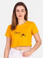 Cotton Blend Printed Top for Women (Mustard, S)