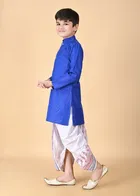 Cotton Blend Embellished Kurta with Dhoti for Boys, Blue & White 